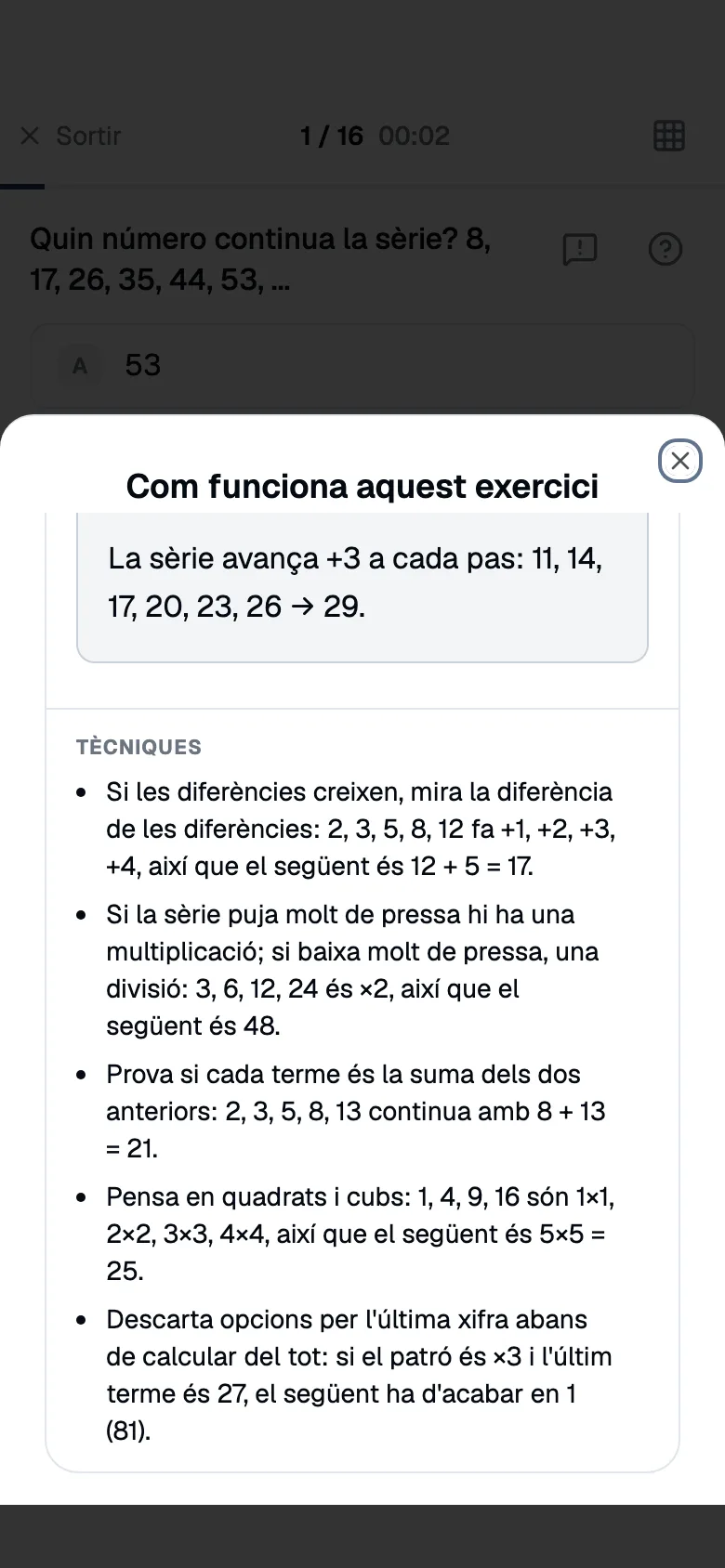 Fitxa «Com funciona aquest exercici» d'una sèrie numèrica, oberta dins la pregunta, amb les tècniques de càlcul mental